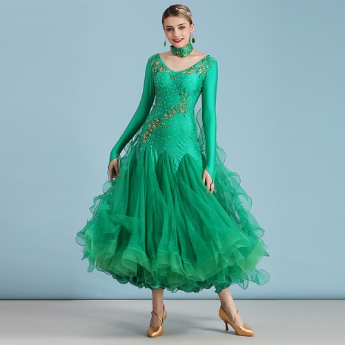 Royal blue rhinestones ballroom dance dress for women dark green pink wine white ballroom dance dress robe de danse de salon vert foncé